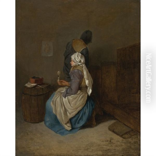 Woman Holding A Wine Glass In An Interior Oil Painting by Cornelis Pietersz Bega