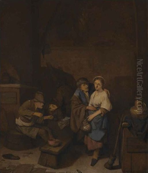 A Tavern Interior With Peasants Drinking Oil Painting by Cornelis Pietersz Bega