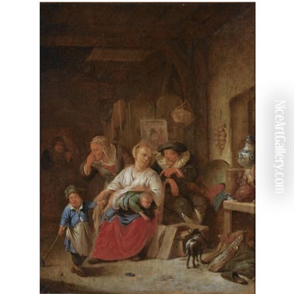 A Barn Interior With A Peasant Family Oil Painting by Cornelis Pietersz Bega