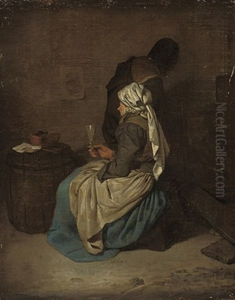 A Woman Seated Holding A Glass By A Barrel, A Man Behind, In An Interior Oil Painting by Cornelis Pietersz Bega