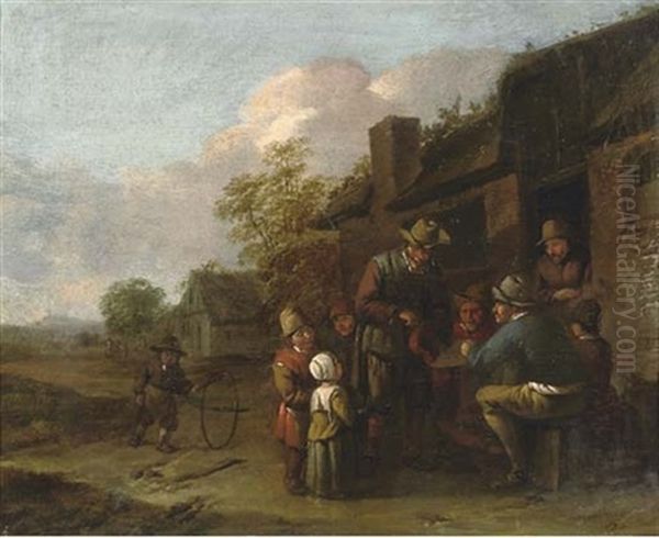 Children Playing And Singing Before Peasants In Front Of A House Oil Painting by Cornelis Pietersz Bega