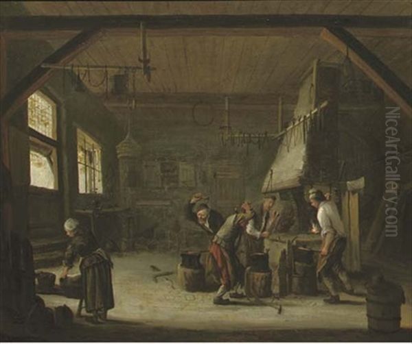 Blacksmiths In Their Workshop Oil Painting by Cornelis Pietersz Bega