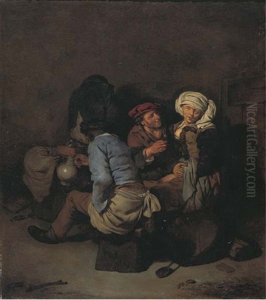 A Peasant Woman Seduced By A Man In An Interior Oil Painting by Cornelis Pietersz Bega