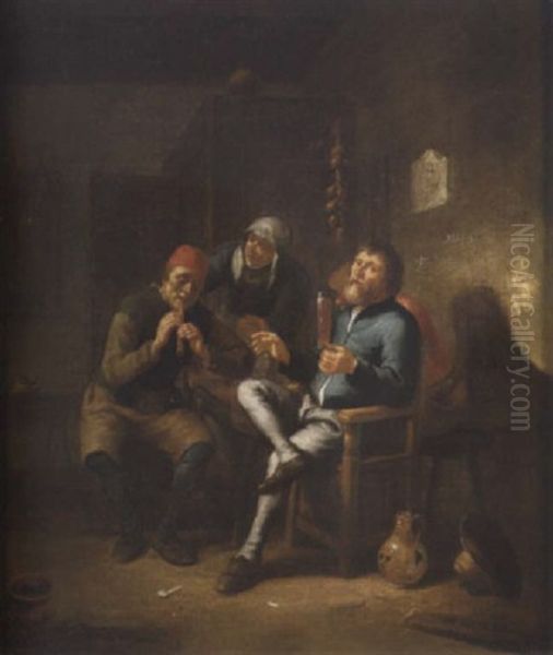 Figures Seated In A Tavern Interior, One Holding A Glass Of Beer, The Other Playing A Recorder Attended By A Serving Woman Oil Painting by Cornelis Pietersz Bega