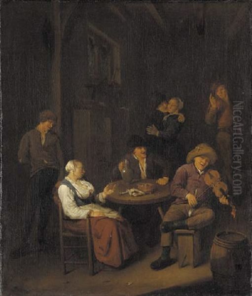 The Interior Of A Tavern With A Fiddler And Peasants Drinking And Dancing Oil Painting by Cornelis Pietersz Bega