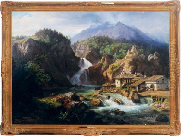 Waterfall Running Through A Mountainous Landscape Oil Painting by Eduard Agricola