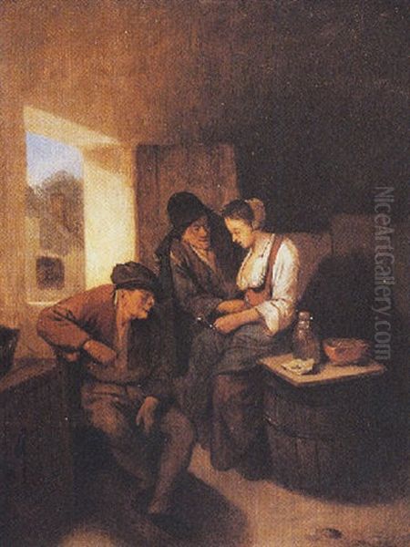 A Lady And Two Men Drinking Near A Window In An Inn Oil Painting by Cornelis Pietersz Bega