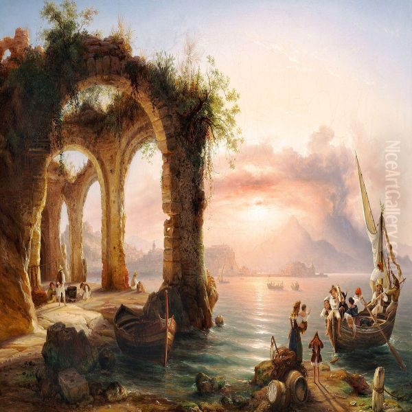 Sunset In The Bay Of Naples Oil Painting by Eduard Agricola