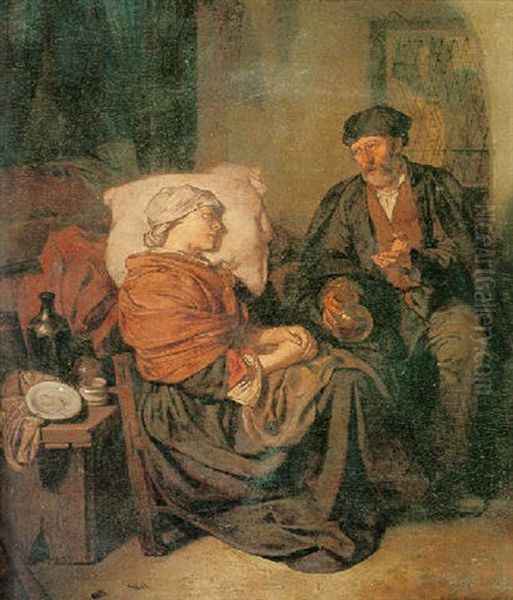 A Doctor Visiting A Sick Woman In An Interior Oil Painting by Cornelis Pietersz Bega