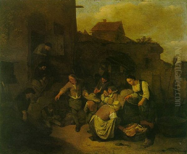 Peasants At A Village Market Oil Painting by Cornelis Pietersz Bega