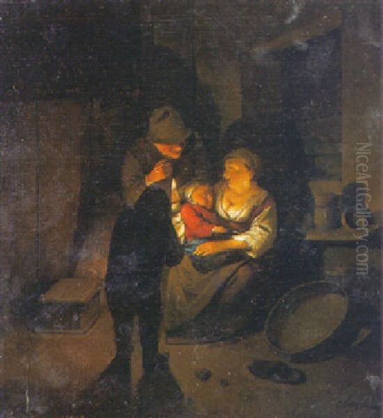 A Peasant Family In An Interior By Candlelight Oil Painting by Cornelis Pietersz Bega