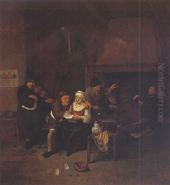 A Tavern Interior With A Fiddler And Peasants Singing And Merrymaking Oil Painting by Cornelis Pietersz Bega