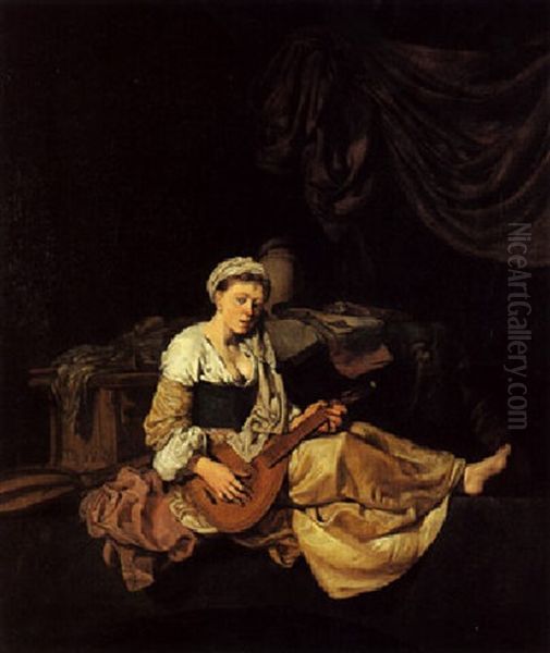 Jeune Femme Assise Jouant De La Mandoline Oil Painting by Cornelis Pietersz Bega