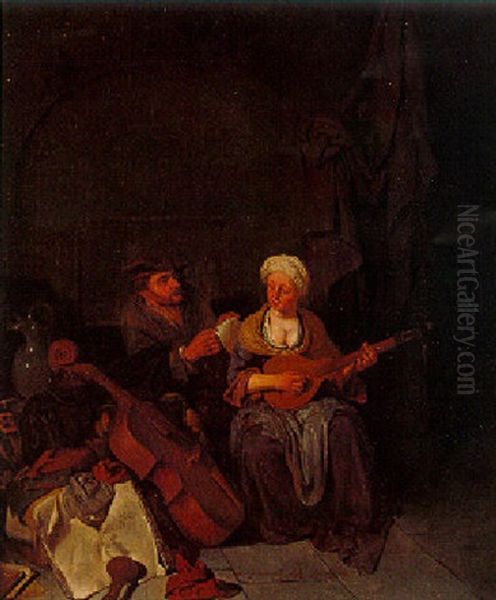 Couple Making Music In An Interior Oil Painting by Cornelis Pietersz Bega