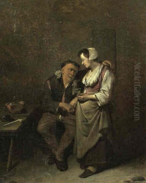 An Interior With An Amorous Couple At A Table Oil Painting by Cornelis Pietersz Bega