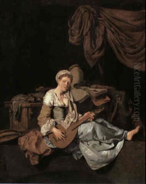 A Girl Playing A Cittern Seated In An Interior Before A     Table Laden With Books And Musical Instruments Oil Painting by Cornelis Pietersz Bega