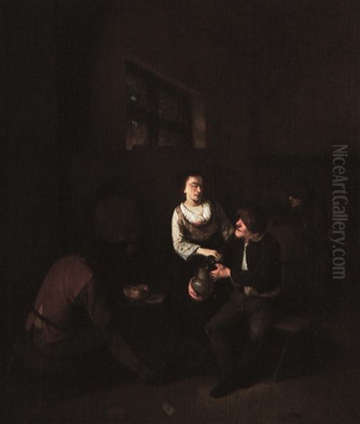 Tavern Interior With Boors Drinking, A Peasant And A Woman  Conversing Oil Painting by Cornelis Pietersz Bega