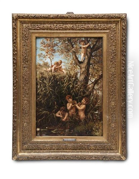 Kleine Pane Von Amoretten Belauscht Oil Painting by Adalbert Franz Eugen Begas