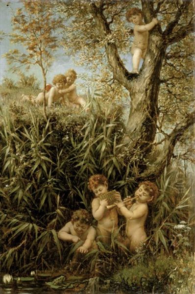 Schilfdickicht Mit Flote Spielenden Faunsknaben, Die Von Putti Belauscht Werden Oil Painting by Adalbert Franz Eugen Begas