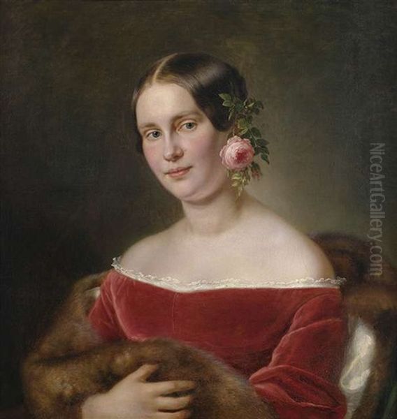 Bildnis Einer Jungen Dame In Rotem Samtkleid Und Pelzmantel Als Halbfigur. Hinter Das Ohr Hat Sie Sich Eine Rose Gesteckt Oil Painting by Karl Joseph Begas