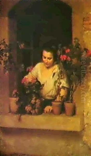 Madchen Am Blumenfenster Oil Painting by Oskar Begas