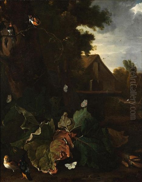 A Forest Floor Still Life With A Chaffinch, Swallow And Other Birds, Before A Farmhouse Oil Painting by Abraham Jansz. Begeyn