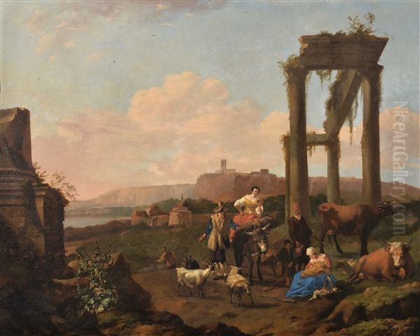 An Extensive Landscape With The Rest On The Flight Into Egypt Oil Painting by Abraham Jansz. Begeyn