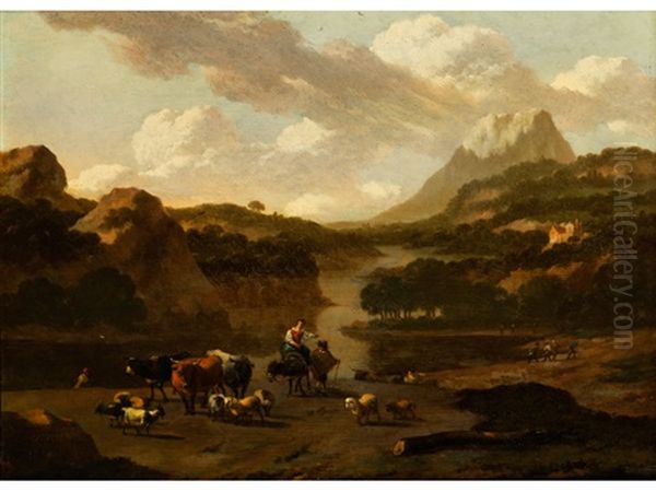 Sudliche Weidelandschaft Mit Tieren Und Hirtenpaar Oil Painting by Abraham Jansz. Begeyn