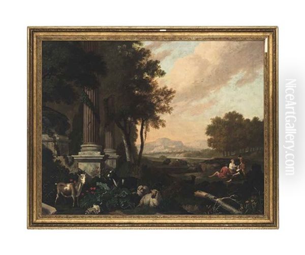 An Italianate Landscape With Classical Ruins Oil Painting by Abraham Jansz. Begeyn