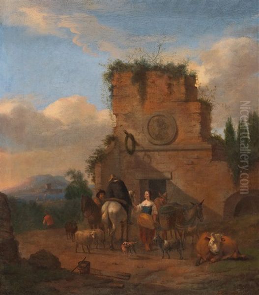 An Italian Landscape With Shepherds In Front Of A Ruin Oil Painting by Abraham Jansz. Begeyn