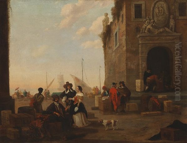 A Scene Set In A Southern Seaport Oil Painting by Abraham Jansz. Begeyn