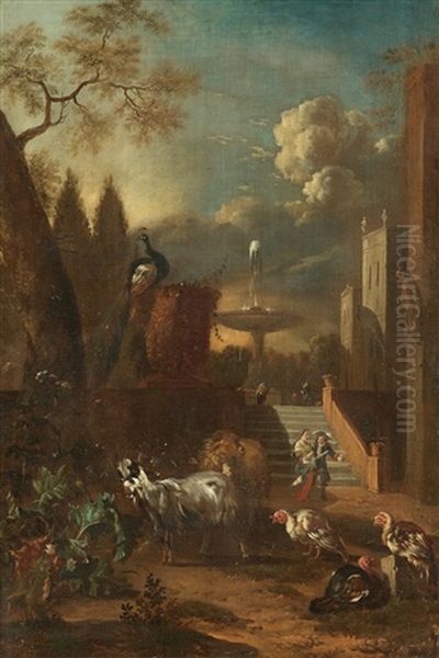 Figures By A Castle Staircase With A Fountain In The Background, Peacock And Grazing Goats Oil Painting by Abraham Jansz. Begeyn