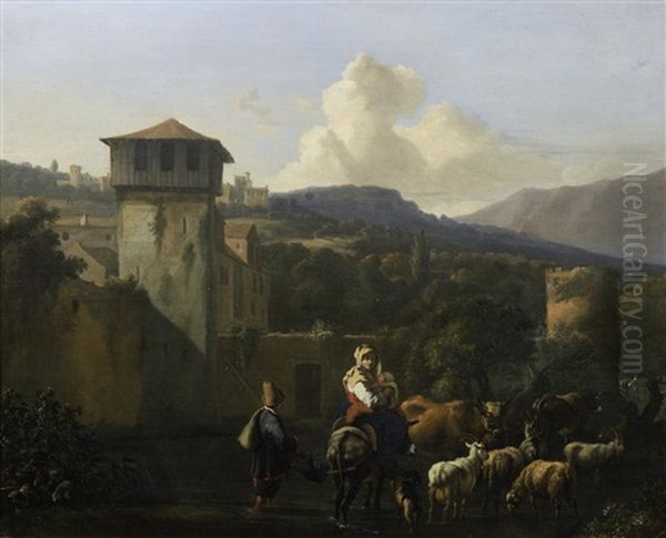 A Drover And His Flock Fording A Stream Before A Walled Town Oil Painting by Abraham Jansz. Begeyn