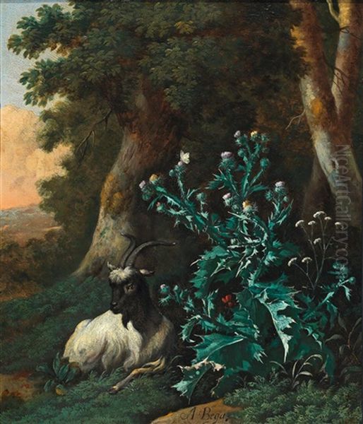 A Wooded Landscape With A Goat And Thistles; And A Wooded Landscape With A Sheep And Thistles Oil Painting by Abraham Jansz. Begeyn