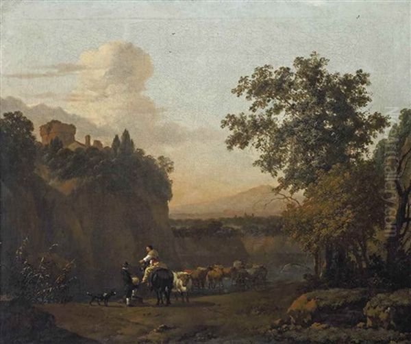 An Italianate Landscape With Figures Conversing And Watering Their Cattle At A Mountainside Oil Painting by Abraham Jansz. Begeyn