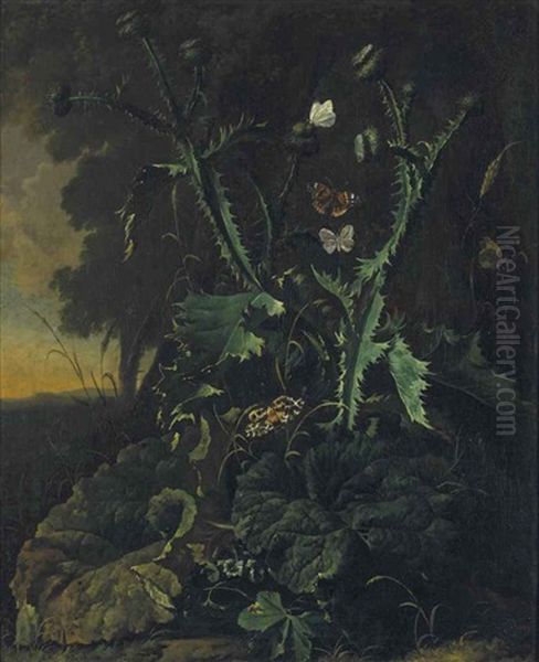 Nature Morte Aux Chardons Et Aux Papillons Oil Painting by Abraham Jansz. Begeyn