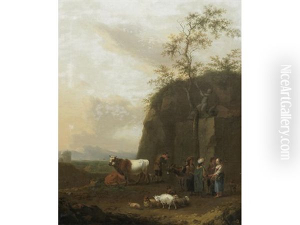 Figures And Animals By A Rocky Outcrop Oil Painting by Abraham Jansz. Begeyn