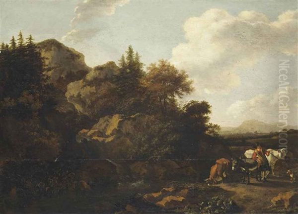 A Mountainous Wooded River Landscape With A Drover And His Herd Oil Painting by Abraham Jansz. Begeyn