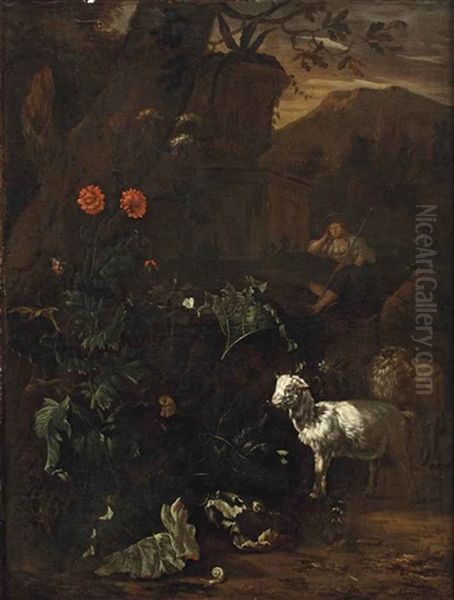 A Shepherdess Resting With Goats In An Italianate Landscape Oil Painting by Abraham Jansz. Begeyn