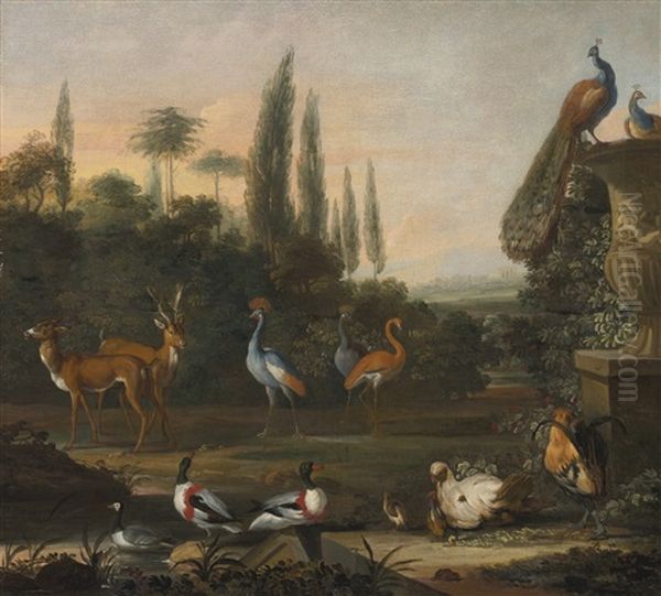 Landscape With Deer And Exotic Birds Oil Painting by Abraham Jansz. Begeyn