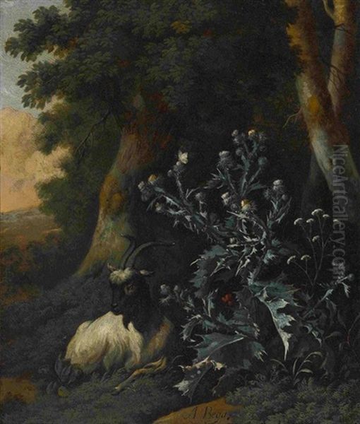 Waldlandschaft Mit Ziege Bei Einer Distel - Waldlandschaft Mit Ziege Bei Wilden Pflanzen (2 Works) Oil Painting by Abraham Jansz. Begeyn