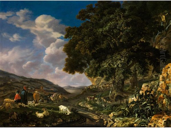 Landschaft Mit Grossem Eichenbaum Sowie Hirten Mit Schafen Und Ziegen Oil Painting by Abraham Jansz. Begeyn