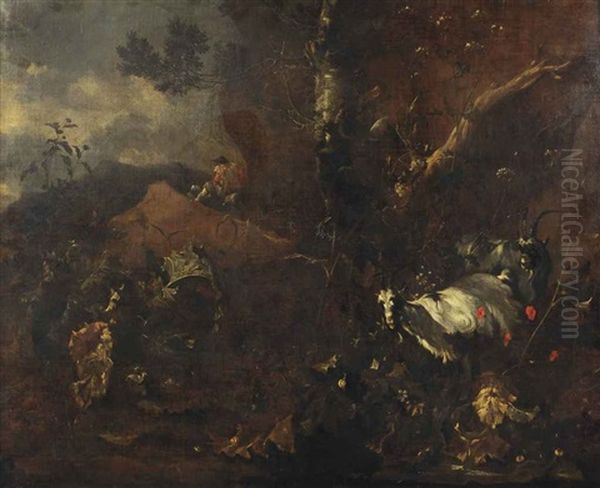 A Forest Landscape With A Goatherd Resting With His Flock Oil Painting by Abraham Jansz. Begeyn