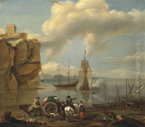 A Coastal Landscape With A Horseman, A Wagoner, Stevedores, And Drovers With Their Herd, Three-masters Beyond Oil Painting by Abraham Jansz. Begeyn