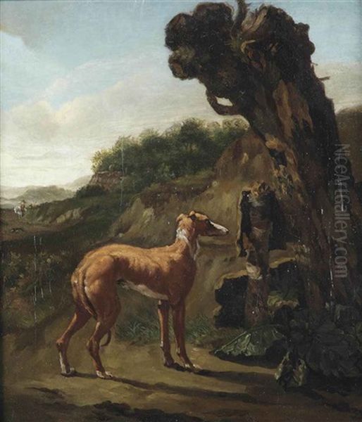 A Greyhound By A Willow In A Landscape Oil Painting by Abraham Jansz. Begeyn