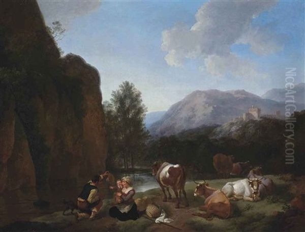 A Mountainous River Landscape With A Drover And His Family At Rest With Cattle, A Hilltop Town Beyond Oil Painting by Abraham Jansz. Begeyn