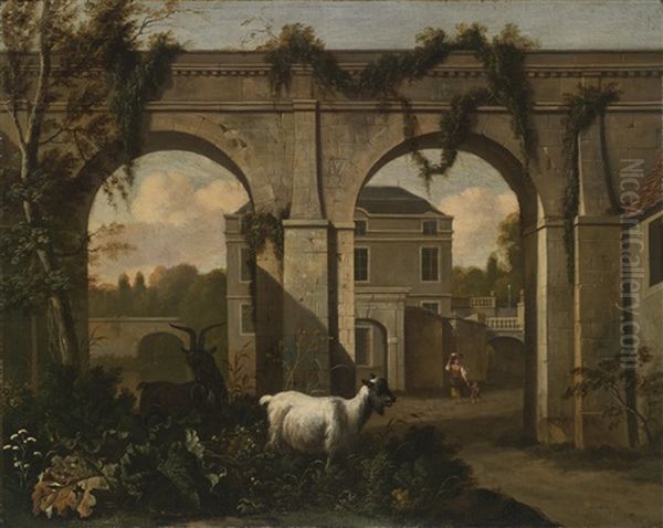 Landschaft Mit Einer Ziege Vor Architektonischem Hintergrund Oil Painting by Abraham Jansz. Begeyn