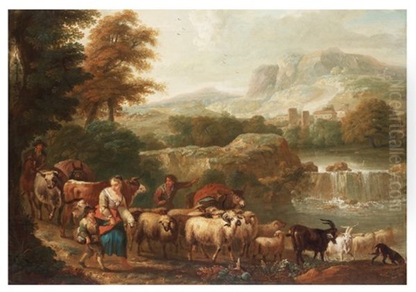 Resande Sallskap Med Boskap Oil Painting by Abraham Jansz. Begeyn