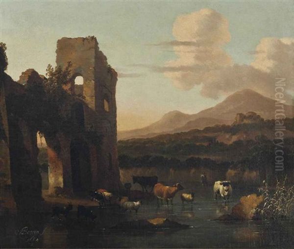 An Italianate Landscape With Cattle Fording A Stream By A Ruin Oil Painting by Abraham Jansz. Begeyn