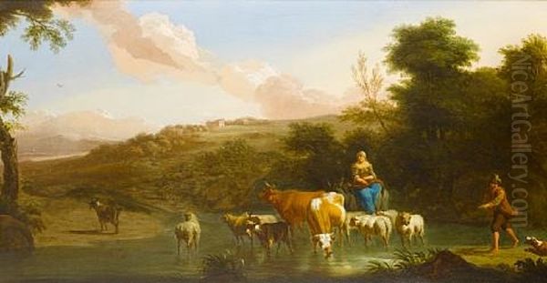 Shepherds Grazing Their Cattle Before An Open Italianate Landscape Oil Painting by Abraham Jansz. Begeyn